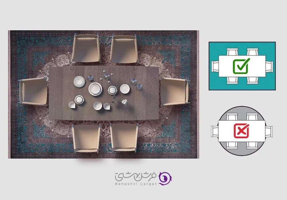 برای سرویس غذا خوری مستطیل، فرش مستطیل مناسب است.