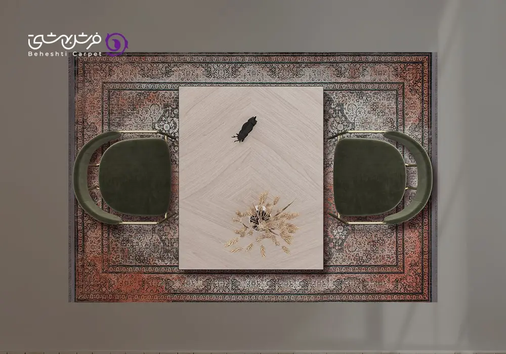 تصویر از بالا یک میز 2 نفره که فرش زیر میز آن استفاده شده است.