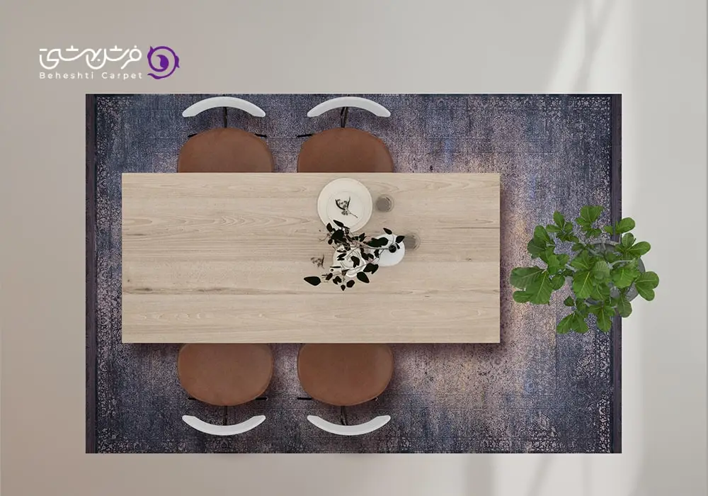 تصویر از بالا یک میز 4 نفره که فرش زیر میز آن استفاده شده است.